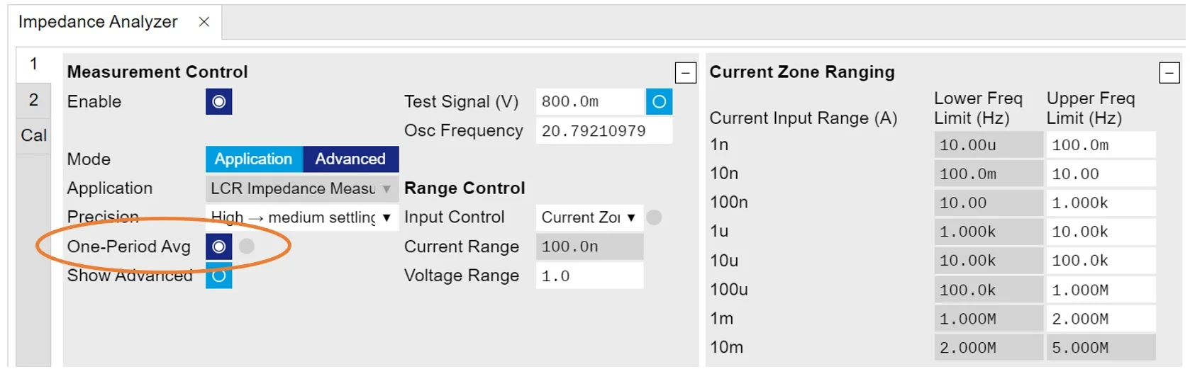 Figure 1: Screenshot of the LabOne Impedance Analyzer Module showing the one-period averaging feature enable switch and indicator (the indicator is in the off state, grey). 