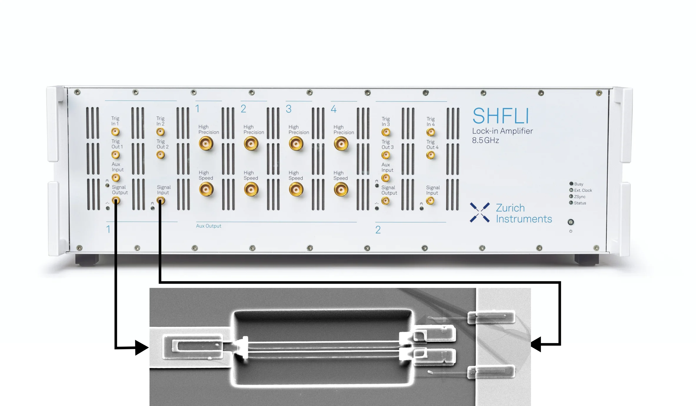 Microwave optomechanical resonator coupled to a cavity and driven by SHFLI.