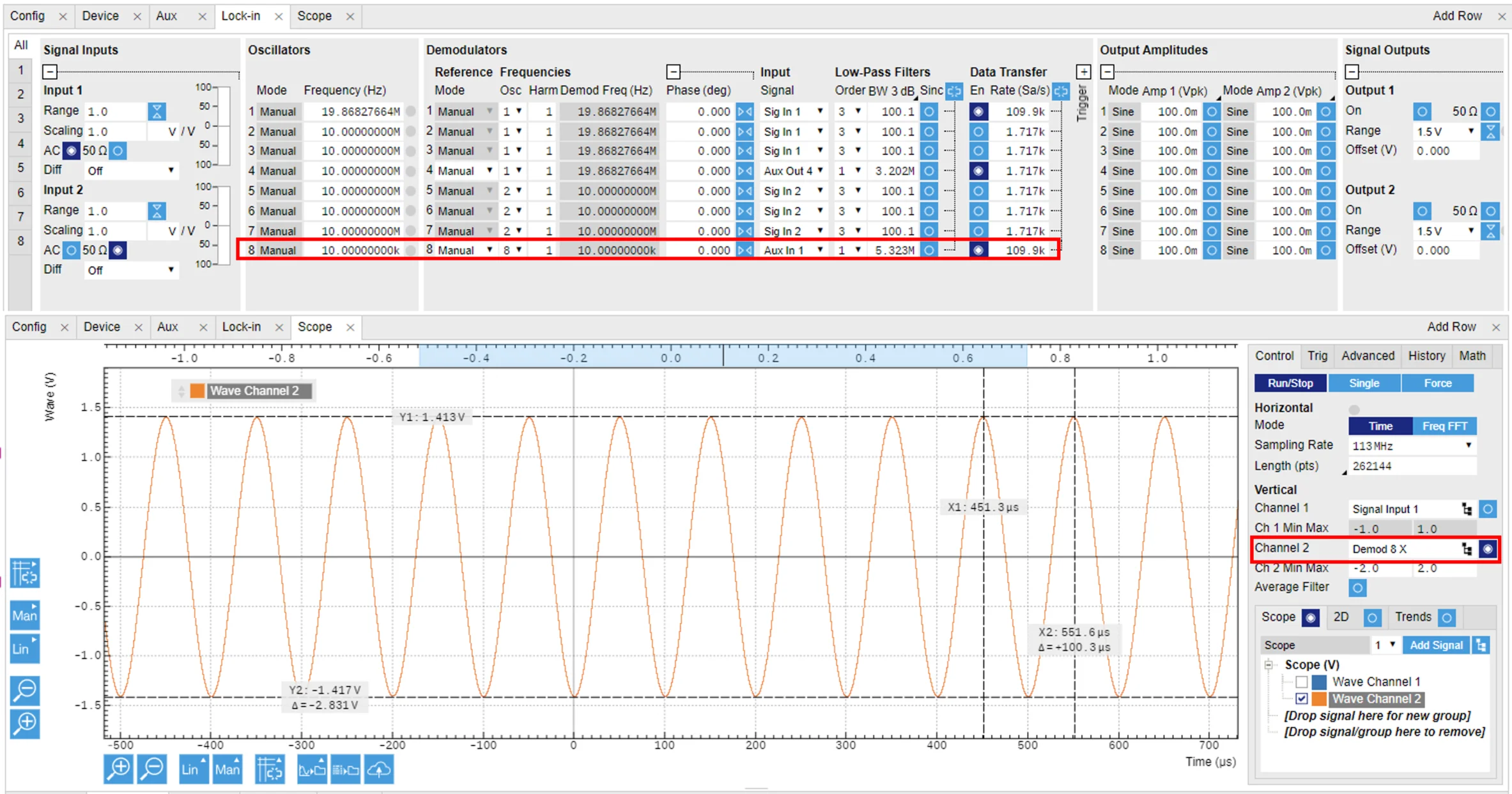 Figure 1: Generate a sinusoidal signal from Demod 8 X channel