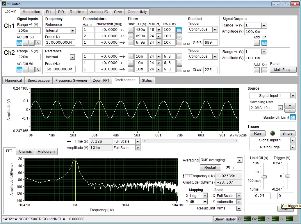 Screenshot of the Oscilloscope Tab in ziControl for the HF2LI Lock-in Amplifier